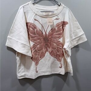 Free People dahlia butterfly pullover White and Brown Graphic Crewneck tee